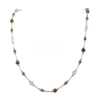 Round Synthetic Non-Magnetic Hematite & Quartz Crystal & Natural Tiger Eye and Glass Twisted Bugle Beaded Necklaces NJEW-JN05726-1