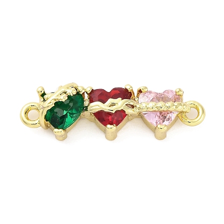 Brass Colorful Cubic Zirconia 3 Heart Connector Charms KK-D325-02G-1
