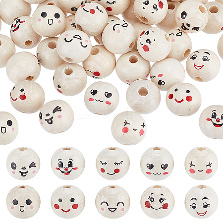 100Pcs 10 Styles Printed Wood European Beads WOOD-UN0001-22A-1