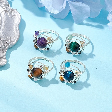 Planet Natural Amethyst & Tiger Eye & Citrine & Apatite & Green Aventurine Finger Rings RJEW-TA00165-1