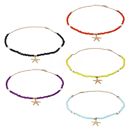 FIBLOOM 5Pcs 5 Colors Alloy Starfish Pendant Necklaces Set with Glass Beaded Chains NJEW-FI0001-39-1