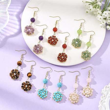 Natural & Synthetic Mixed Stone and Shell Pearl Braided Dangle Earrings EJEW-MZ00789-1