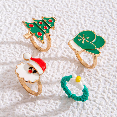 Christmas Theme Santa Claus & Christmas Tree & Glove Alloy Enamel & Flower Glass Seed Beaded Finger Rings Sets FS-WGEF6A6-01-1