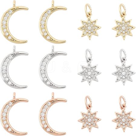 SUPERFINDINGS 12Pcs 6 Style Brass Micro Pave Clear Cubic Zirconia Charms KK-FH0003-88-1