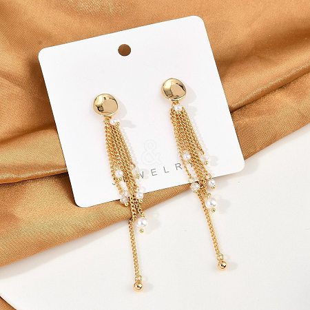 Brass ABS Plastic Pearl Tassel Stud Earrings EJEW-U040-11G-1