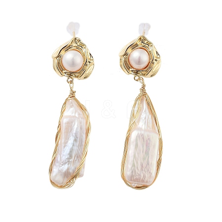 Natural Pearl Dangle Stud Earrings EJEW-P256-20G-1