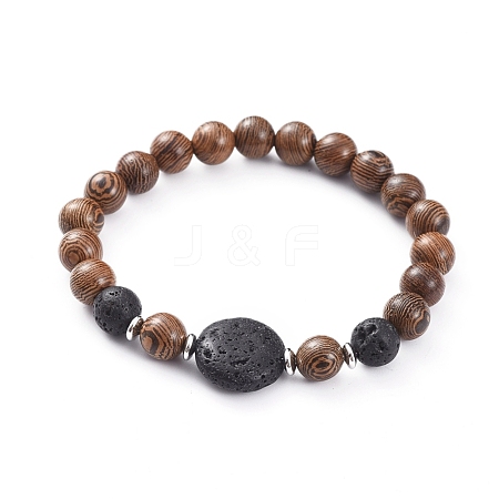 Jewelry Beads Findings Unisex Wood Beads Stretch Bracelets, with Natural Lava Beads, Platinum Plated Brass Spacer Beads, 59mm
