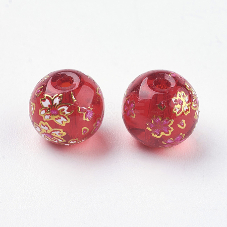 Flower Picture Printed Glass Beads GLAA-E399-8mm-E07-1