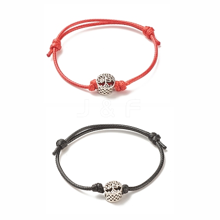 2Pcs 2 Colors Alloy Tree of Life Beaded Cord Bracelets Set BJEW-JB08113-01-1