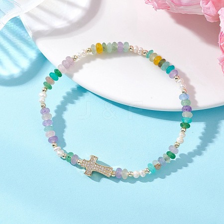 Brass Micro Pave Clear Cubic Zirconia Cross & Natural Pearl & White Jade Rondelle Beads Stretch Bracelets for Women BJEW-JB13114-01-1