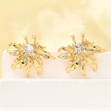 Flower Brass Micro Pave Cubic Zirconia Stud Earrings EJEW-B148-08B-G-1