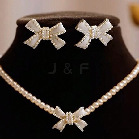 Bowknot Plastic Imitation Pearl Beaded Pendant Necklaces & Stud Earrings Sets WGC8EC3-03-1