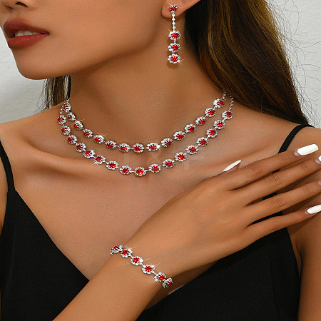 Flower Alloy Rhinestone Chain Double Layer Necklaces & Stud Dangle Earrings & Bracelets Sets FS-WG0F210-05-1