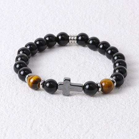 Round Natural Tiger Eye & Black Onyx & Cross Synthetic Non-magnetic Hematite Stretch Beaded Bracelet for Men LK6258-1-1