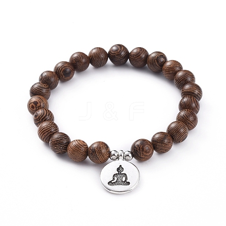  Jewelry Beads Findings Unisex Wood Beads Stretch Charm Bracelets, with 304 Stainless Steel Beads and Tibetan Style Alloy Pendants, Flat Round, Antique Silver & Stainless Steel Color, 60mm