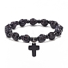 Natural Mashan Jade Skull Beaded Stretch Bracelet with Synthetic Turquoise(Dyed) Cross Charm BJEW-JB08378-03-1