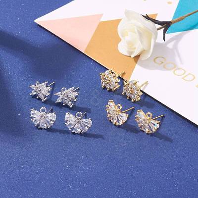 4 Pairs 2 Style Brass Micro Pave Clear Cubic Zirconia Stud Earring Findings KK-ZZ0001-07-1