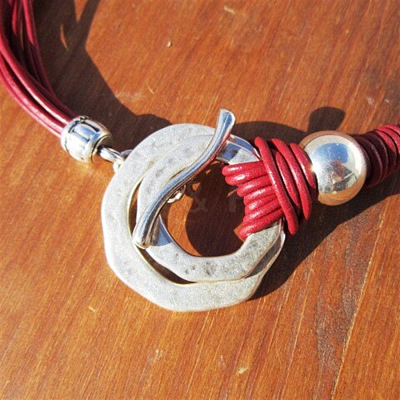 Bohemian Double Ring Alloy Pendant Waxed Imitation Leather Cord Necklaces for Women FS-WG722D8-01-1