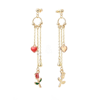 Enamel Heart & Rose Dangle Stud Earrings EJEW-JE05041-02-1