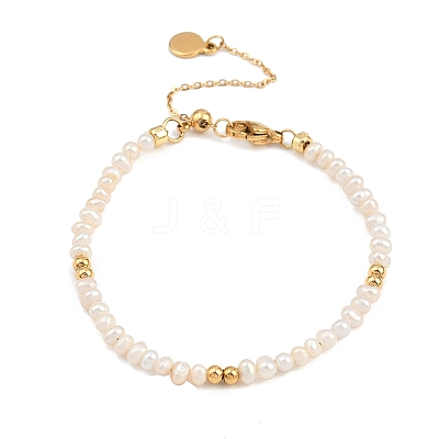 Brass & Natural Pearl Round Beaded Bracelets for Women BJEW-D366-02G-1