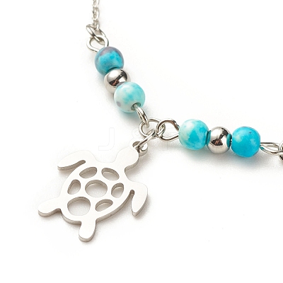304 Stainless Steel Turtle Charm Anklet with Round Natural White Jade Beads for Women AJEW-AN00498-04-1