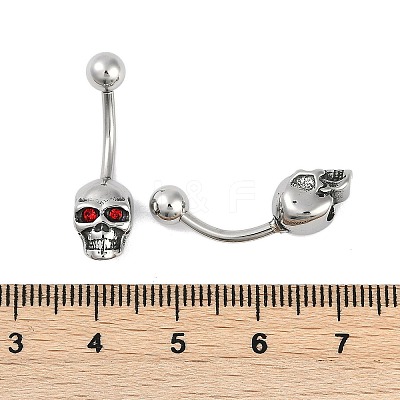 Skull 316 Surgical Stainless Steel Red Cubic Zirconia Belly Button Rings EJEW-G416-34AS-1