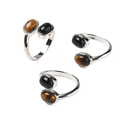 Natural Black Agate & Tiger Eye Finger Rings RJEW-A068-02P-03-1