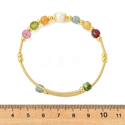 Natural Gemstone & Freshwater Pearl Beaded Copper French Wired Cuff Bangles for Women BJEW-JB13987-1