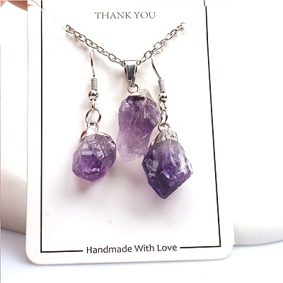 Nuggets Natural Amethyst Pendant Necklaces & Dangle Earrings Sets FS-WGD81FA-02-1