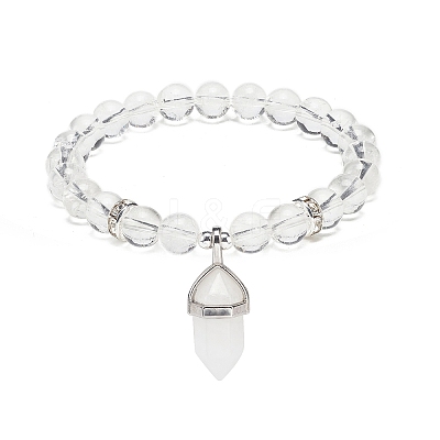 Natural Quartz Crystal Round Beaded Stretch Bracelet with Bullet Charms BJEW-JB09018-03-1