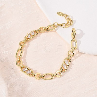 Ring & Paperclip Brass Micro Pave Cubic Zirconia Link Chain Bracelets for Women BJEW-D458-03G-02-1