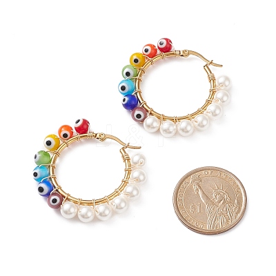 Shell Pearl & Evil Eye Lampwork Beaded Hoop Earrings EJEW-TA00115-1