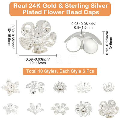 60Pcs 10 Styles Brass Bead Cap KK-BBC0021-14-1