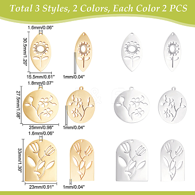 12Pcs 6 Style 201 Stainless Steel Pendants STAS-DC0006-24-1