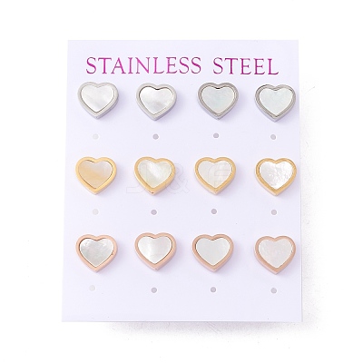6 Pairs Natural White Shell Heart Stud Earrings EJEW-G291-02M-1