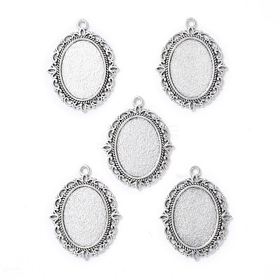 Tibetan Style Antique Silver Alloy Flat Oval Pendant Cabochon Settings X-TIBEP-M022-20AS-1