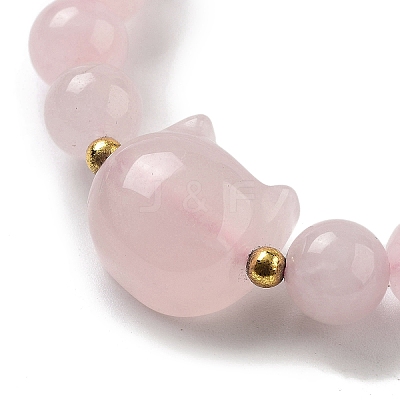 Round & Cat Head Natural Rose Quartz Beaded Stretch Bracelets for Women BJEW-K251-03C-1