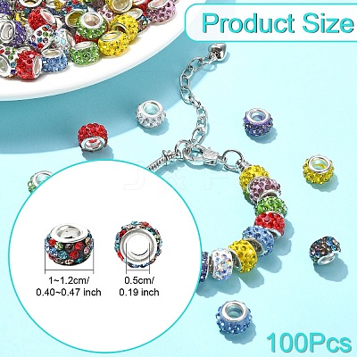 100Pcs 10 Colors Polymer Clay Rhinestone European Large Hole Beads with Silver Color Plated Brass Cores FIND-YW0004-88-1