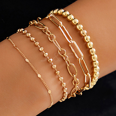 5Pcs 5 Styles Brass & CCB Beaded Stretch Bracelet & Chain Bracelet Set WGE7C54-11-1