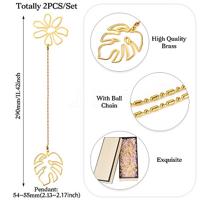 Brass Flower & Leaf Charms Bookmarks AJEW-TAC00029-1