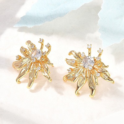 Flower Brass Micro Pave Cubic Zirconia Stud Earrings EJEW-B148-08B-G-1