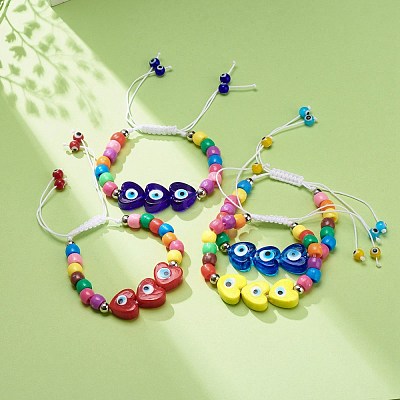 Lampwork Heart with Evil Eye Braided Bead Bracelet BJEW-JB08626-1