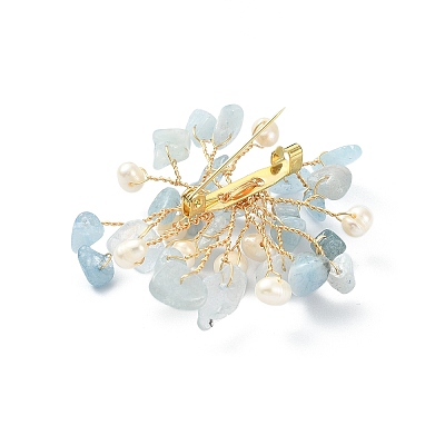 Natural Aquamarine Chips & Pearl Beaded Flower Brooch Pin JEWB-BR00098-04-1