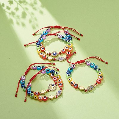 Evil Eye Resin Bead & Eye/Hamsa Hand/Flat Round Alloy Rhinestone Braided Beaded Bracelets for Girl Women BJEW-JB08742-1