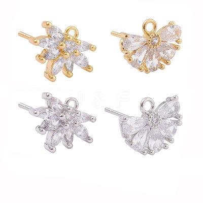 4 Pairs 2 Style Brass Micro Pave Clear Cubic Zirconia Stud Earring Findings KK-ZZ0001-07-1