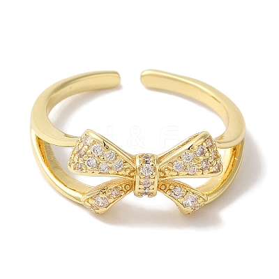 Bowknot Brass Micro Pave Clear Cubic Zirconia Open Cuff Rings for Women RJEW-C098-23G-1