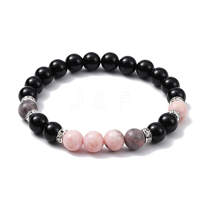 Natural Pink Zebra Jasper & Black Onyx Round Beaded Stretch Bracelet BJEW-TA00427-01-1