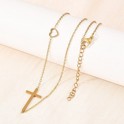 Religion 304 Stainless Steel Heart Cross Link Chain Necklaces NJEW-H093-03G-1