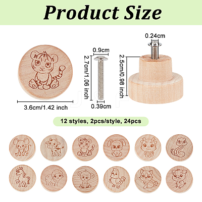 24Pcs 12 Styles Chinese Zodiac Wooden Drawer Knobs WOOD-OC0004-02-1