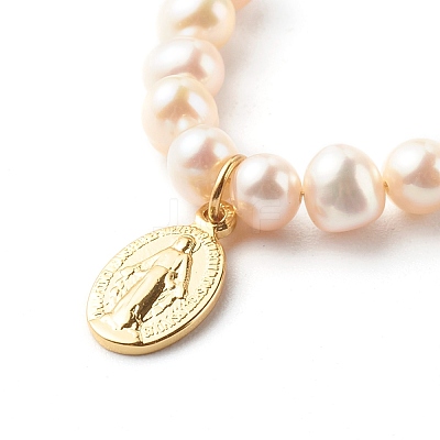 Oval with Virgin Mary & Natural Pearl Beads Pendant Necklaces NJEW-JN03625-01-1